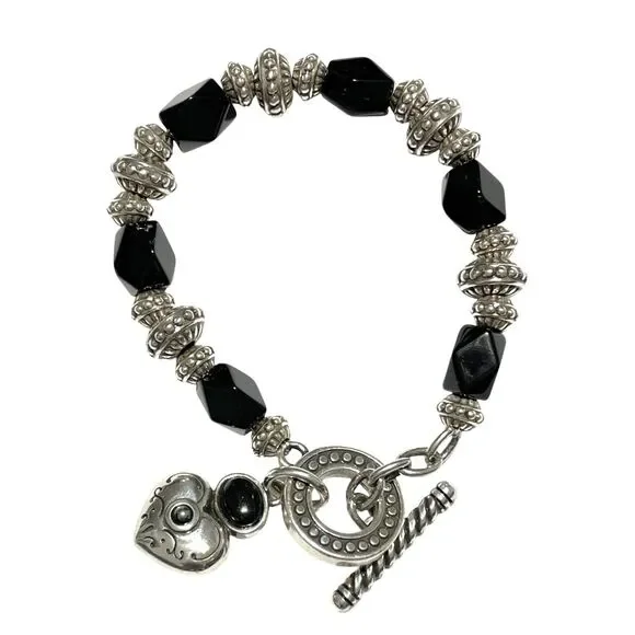 Brighton Toggle Bracelet Silver Plated Black Faceted Glass Bead Heart Love 7.5