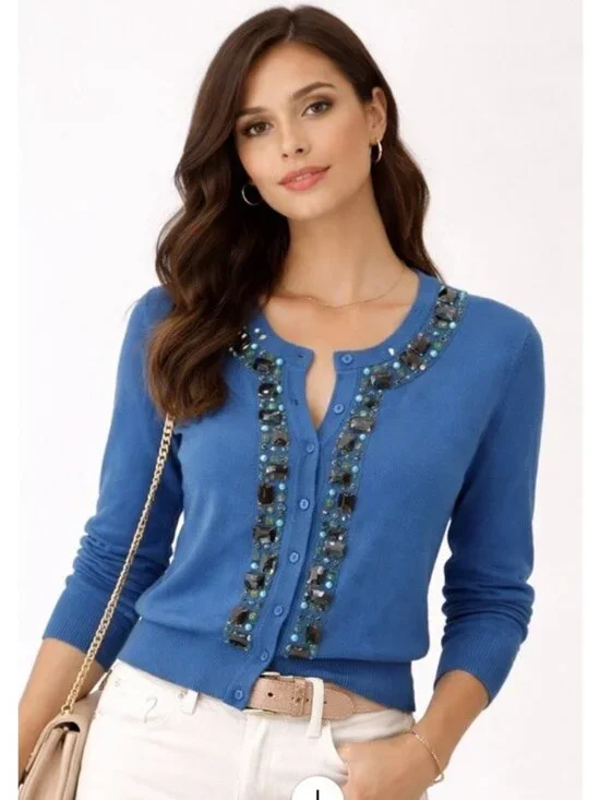Kate Spade NY Kati City Lights Jeweled Teal Sweater Wool/Cashmere Blend SZ Small