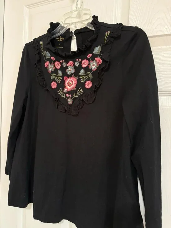 KATE SPADE Size M Black Embroidered Ruffled Long Sleeve Peasant Top