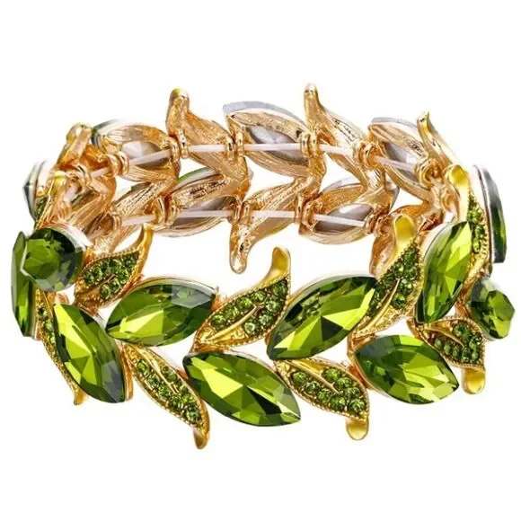 Yellow Gold and Green Peridot Austrian Crystal Leaf Stetchable Bracelet Bangle