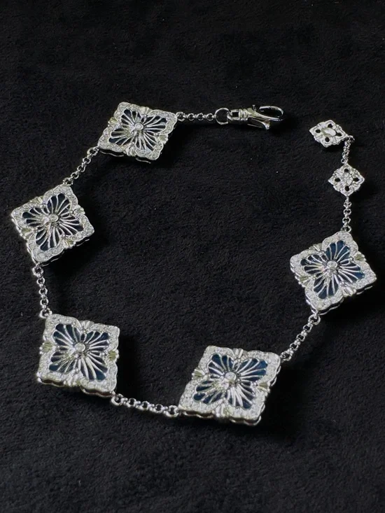 Silver Floral Square Link Bracelet - Women's Jewelry— blue