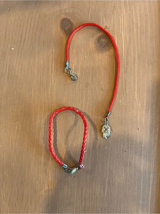 Red bracelet pair hamsa 🪬 and leather like braided fashion jewelry