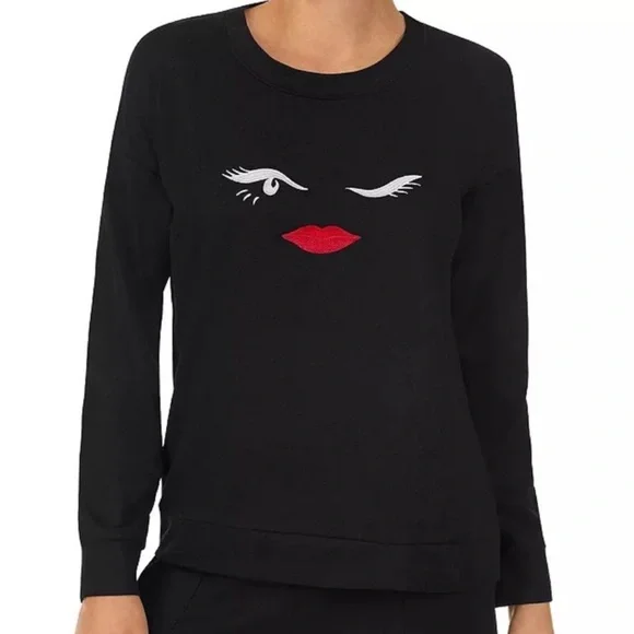 KATE SPADE‎ Women's Small Black Wink Lips Face Embroidered Sweatshirt Designer