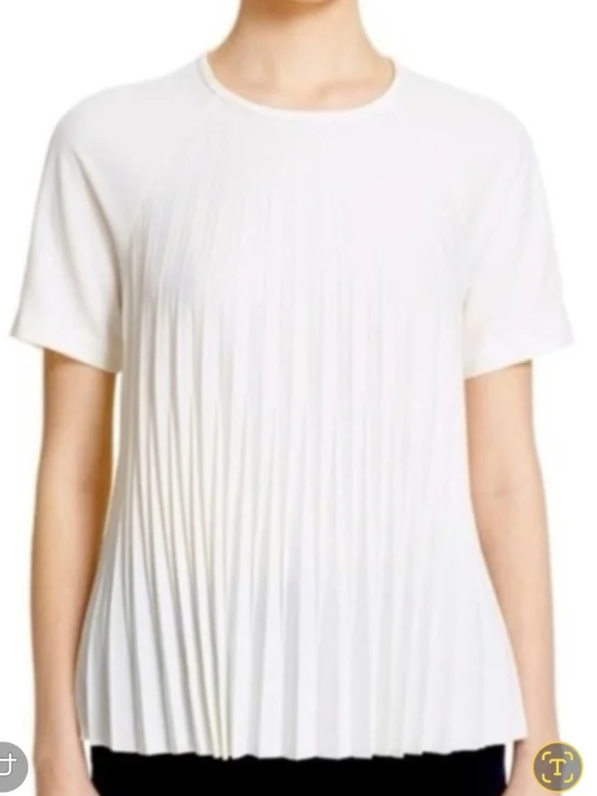 kate spade White Short-Sleeve Pleated Crewneck Blouse
