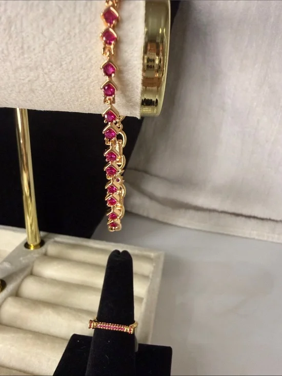 Gold Hot Pink Crystal Tennis Bracelet and Ring Set