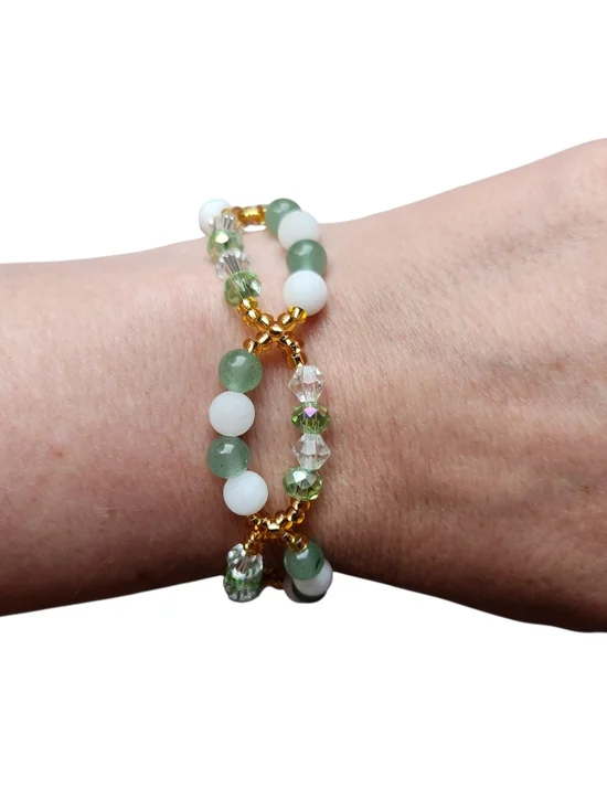Hand Crafted Green Aventurine & White Jade Gold Beaded Stretch Bracelet