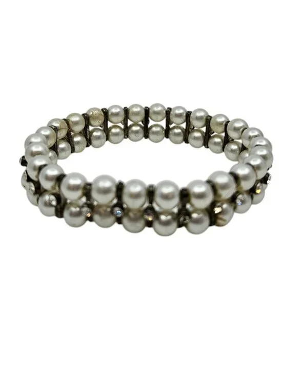 Vintage Faux Pearl & Rhinestone Stretch Bracelet - White, 6¼