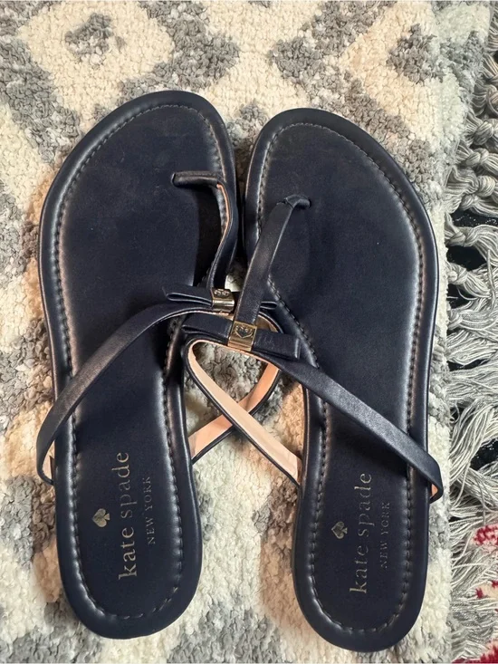 kate spade Black Leather Thong Sandals with Gold Accent