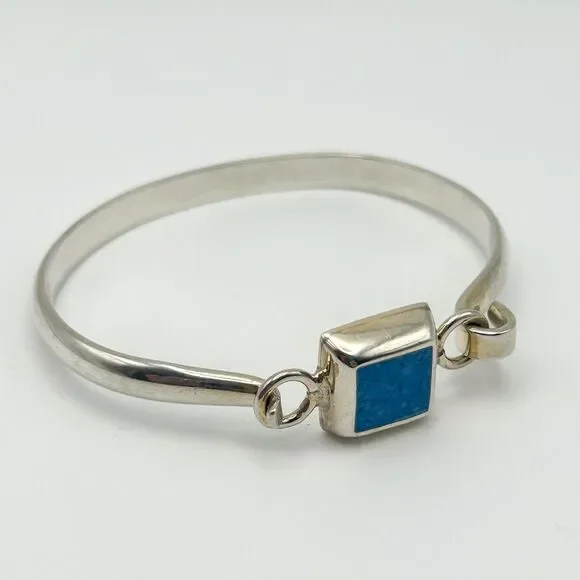 Sterling Silver 925 Hinged Bangle Turquoise-Color Square Stone Southwestern