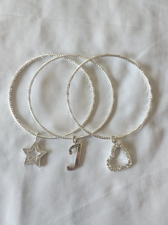 Silver Charm Bangle Set with Star, Initial J and Heart Charms