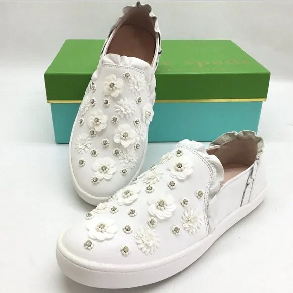 Kate Spade NEW Sneakers Embellished Leather Slip-on  White Women's 9.5 NIB