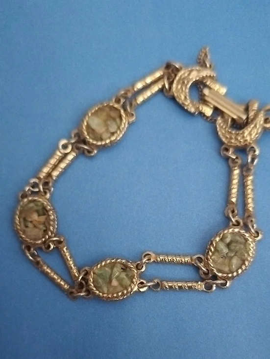 Antique Vintage Gold-Tone Green Inlay Link Bracelet - Women Jewelry