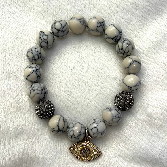 Evil Eye Marble Bead Crystals Stretch Bracelet