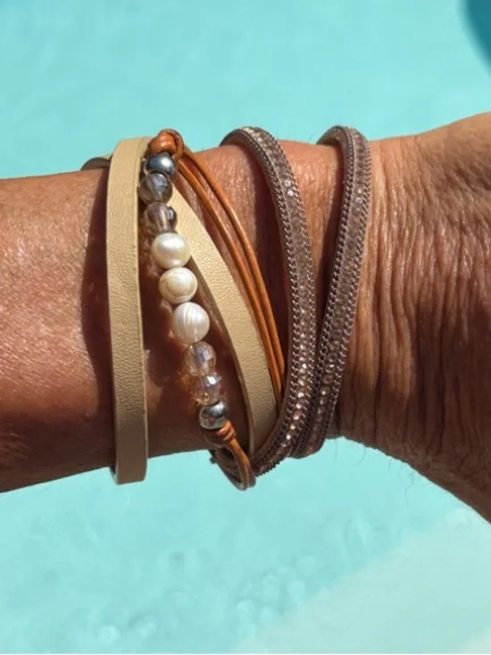 Vintage Park Lane Layered Leather and Bead Wrap Bracelet - Neutral Tones