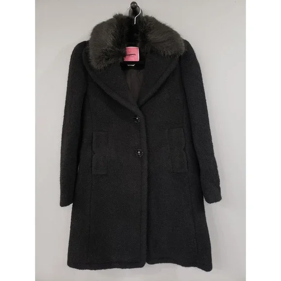 NEVER‎ WORN Kate Spade Wool Alpaca Blend Faux Fur Black Penny Lane Coat Peacoat