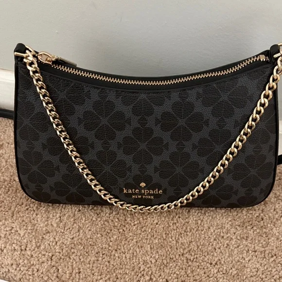 Kate Spade Black floral spade Pattern Shoulder Bag with Gold Chain and CB Strap