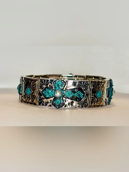 Southwest Style Stretch Bracelet Turquoise Cross Flower Faux Pearl Two Tone