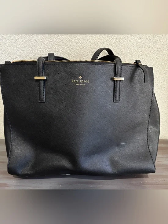 kate spade black saffiano tote with gold hardware