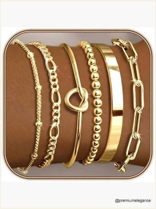 Gold Plated Bangle Bracelet Set - 6 Layer Stackable Cuff Chain Bracelets