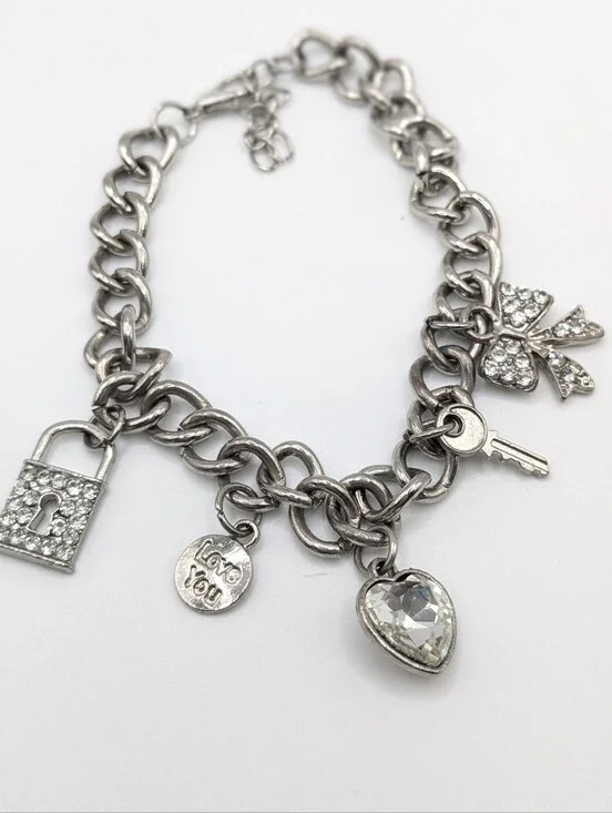 Silver Tone Charm Bracelet with Rhinestone Lock, Key & Heart Charms Adjustable