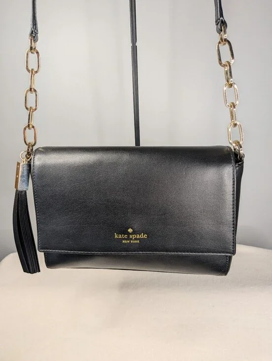 Kate Spade Black Leather Flap Crossbody Purse Gold Chain Link Tassel