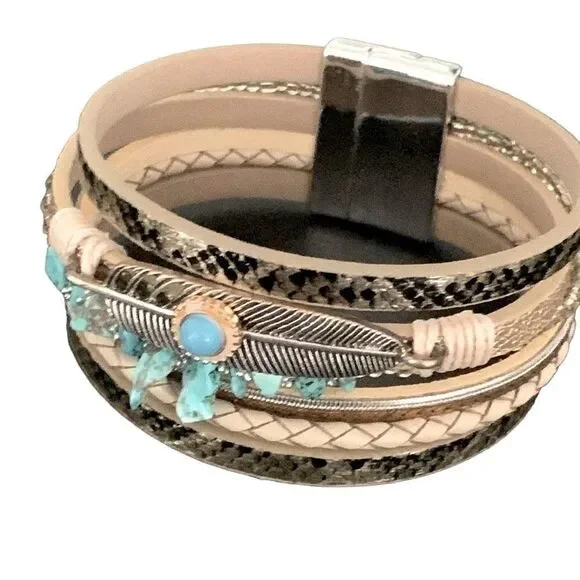 Western Gold Tone Layered Cuff Bracelet with Faux Turquoise