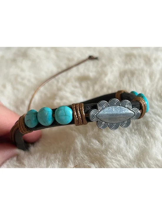 Handmade Turquoise Look Beaded Leather Bracelet with Metal Accent