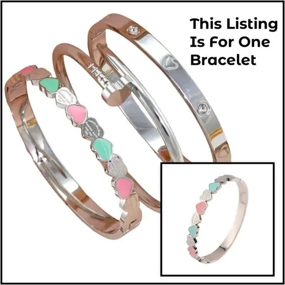 NEW Dainty Silver Multicolor Heart Bracelet Stainless Steel Rhinestones Bangle