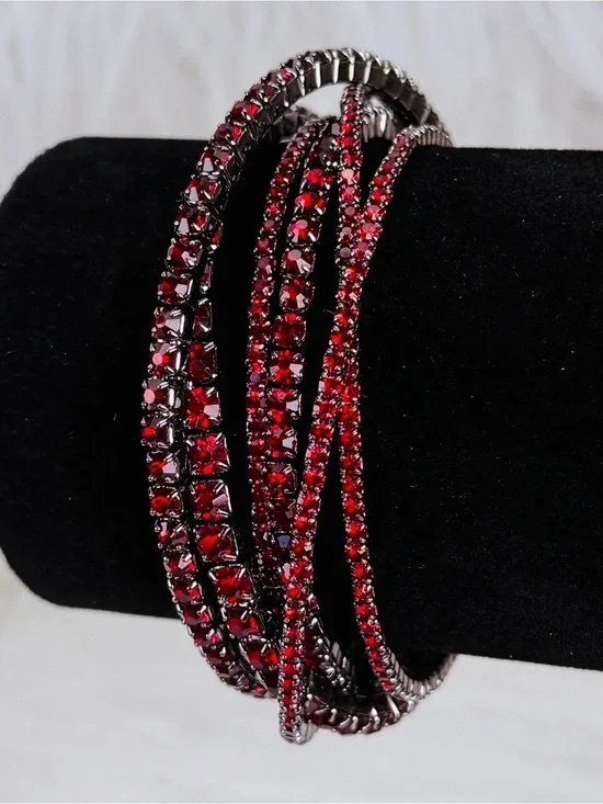 Elegant Silvertone and Red Bling adjustable cuff Bracelet