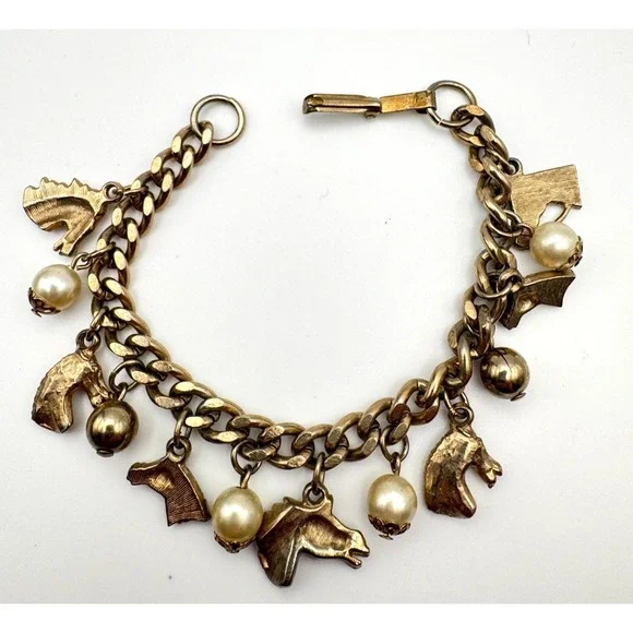 Vintage Equestrian Bracelet Multi Charm Gold Tone Horse Head Pearl READ