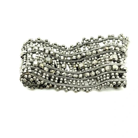 Silver Tone Multi Strand Beaded Wide Cuff Statement Bracelet Boho Tribal 9.5