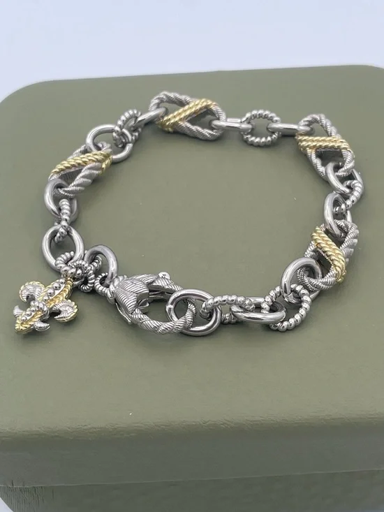 Judith Ripka Sterling Silver 925 & 14K Gold Clad Link Bracelet Fleur-deLis Charm