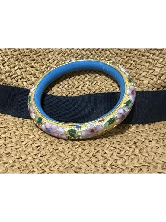Vintage Floral Cloisonne Bangle Blue Inner & Gold Tone Enamel Accents 7.75-8