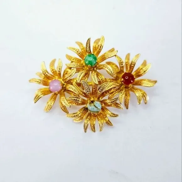 Vintage Signed Austria Gold Tone Prong Set Rhinestone Cabochon Floral Brooch Pin