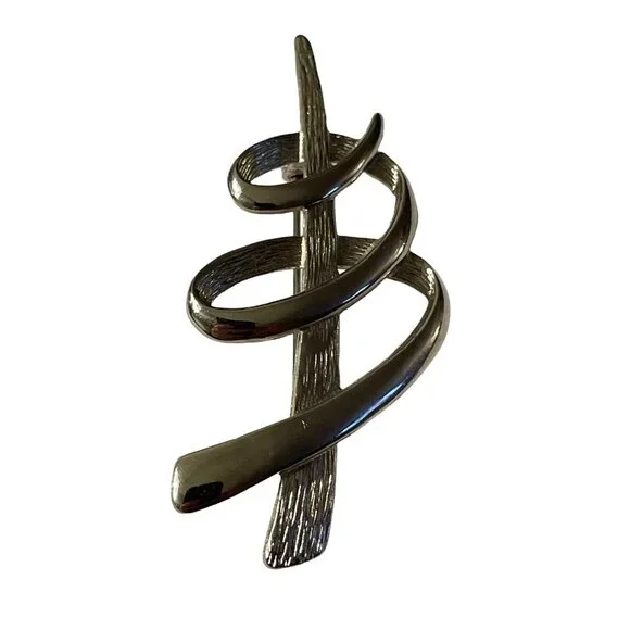 Vintage JJ 1986 Brooch Pin Silver Tone Modernist Swirl‎ Tornado Design Abstract