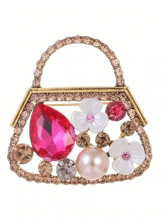 gold-toned retro handbag brooch rhinestones artificial pearls floral Women’s Jew
