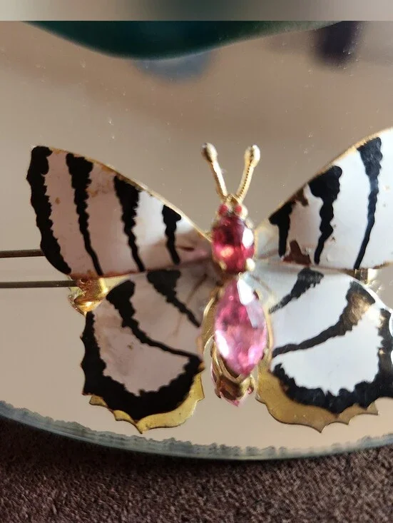 VTG 70s Butterfly Czechoslovakia Handpaint White PINK Crystal STRIPES Brooch 2