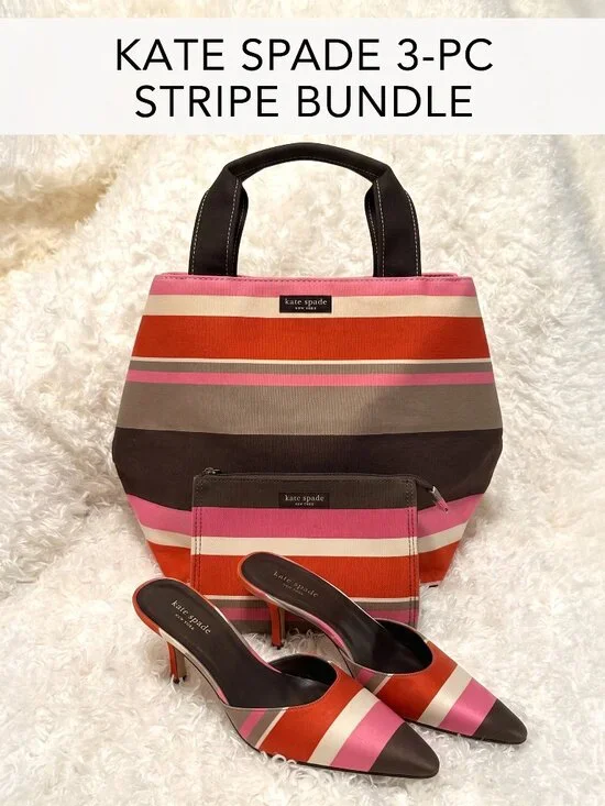 KATE SPADE ♠️ Vintage Classic Stripe BUNDLE Bucket, Cosmetic & Mules 8 N/Narrow