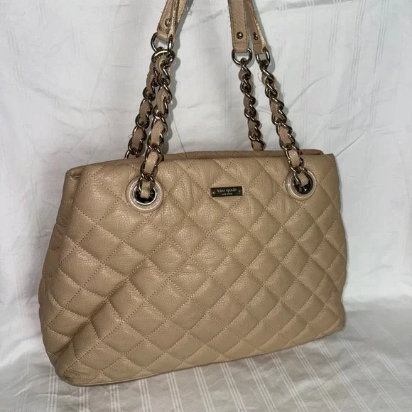Kate‎ Spade New York Beige Quilted Leather Chain Strap Shoulder Tote Bag Large