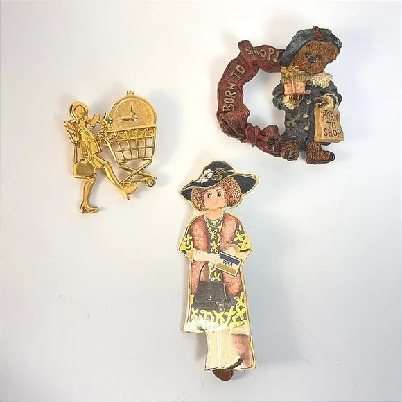 Vintage Kitch Brooch Pin Lot Born To Shop Teddy Bear Lady 90s Weird
