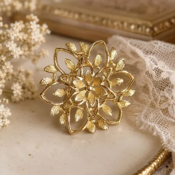 Gold Tone Floral Brooch Pin, Openwork Flower Brooch, Vintage Style Gold Flower