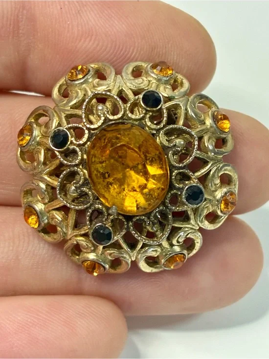 Coro Gold-Tone Heart Shaped Ornate Filigree Brooch with Amber and Black Stones