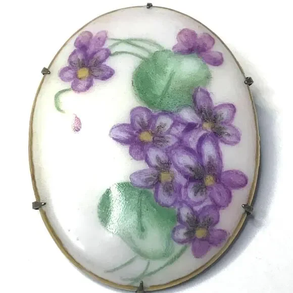 Antique Porcelain Morning Glory Brooch‎ Bezel and Prong Set