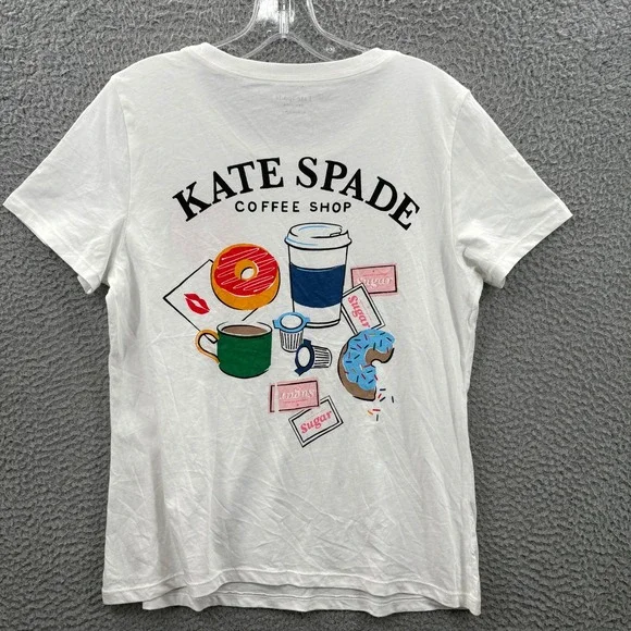 Kate Spade T Shirt Womens M White Coffee Shop Donut Graphic Beaded Short Sleeve