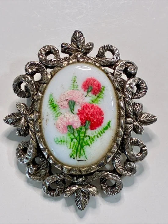 Vintage Hand- Painted Floral Cabochon Brooch Orante Silver Detailed Frame