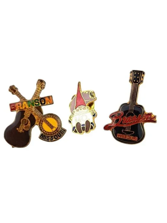Vintage Branson Missouri Souvenir Lapel Pins Set Of 3 Guitar Gnome Banjo Fish