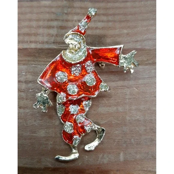 Clown Brooch Pin‎ Gold Tone Red Enameled Dangle Jester Circus Carnival Jewelry