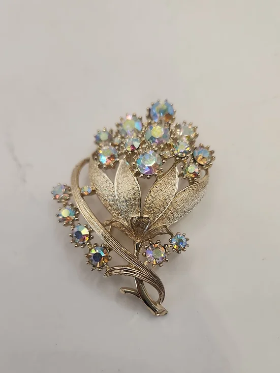 Vintage Signed CORO Brooch Silver Tone w/ Aurora Borealis Rhinestones