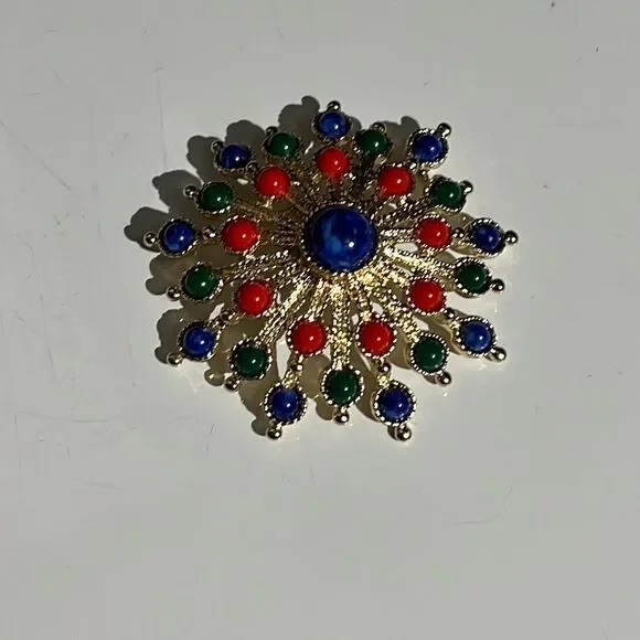 Vintage Gold Tone Sarah Coventry Brooch with Blue, Green, and Red Decoration