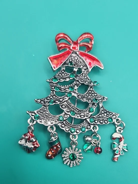 Festive Silver-Tone Christmas Tree Brooch with Red Bow and Emerald Accents